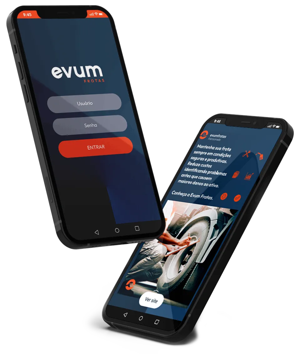 Aplicativo de checklist da Evum Frotas aberto em dois celulares: tela de login e tela do app